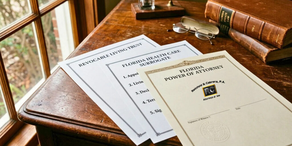 Close up photograph of executed Florida Durable Power of Attorney and Designation of Health Care Surrogate legal documents.