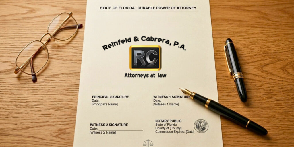 Signing a Florida Durable Power of Attorney document with witness and notary signature blocks.