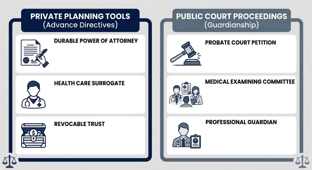 Diagram comparing private Florida incapacity planning documents with judicial probate court guardianship proceedings.