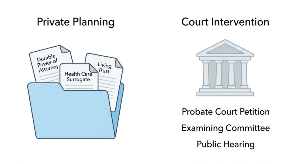 Diagram comparing private Florida incapacity planning documents with judicial probate court guardianship proceedings.