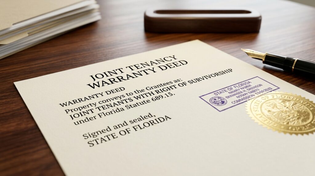 Official Florida real estate deed document highlighting joint tenancy with right of survivorship legal language.