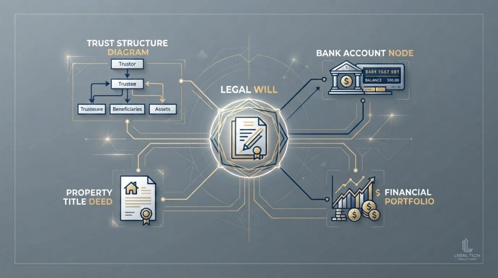 Conceptual illustration showing wills, trusts, and beneficiary designations working together as an interlocking system under Florida law.