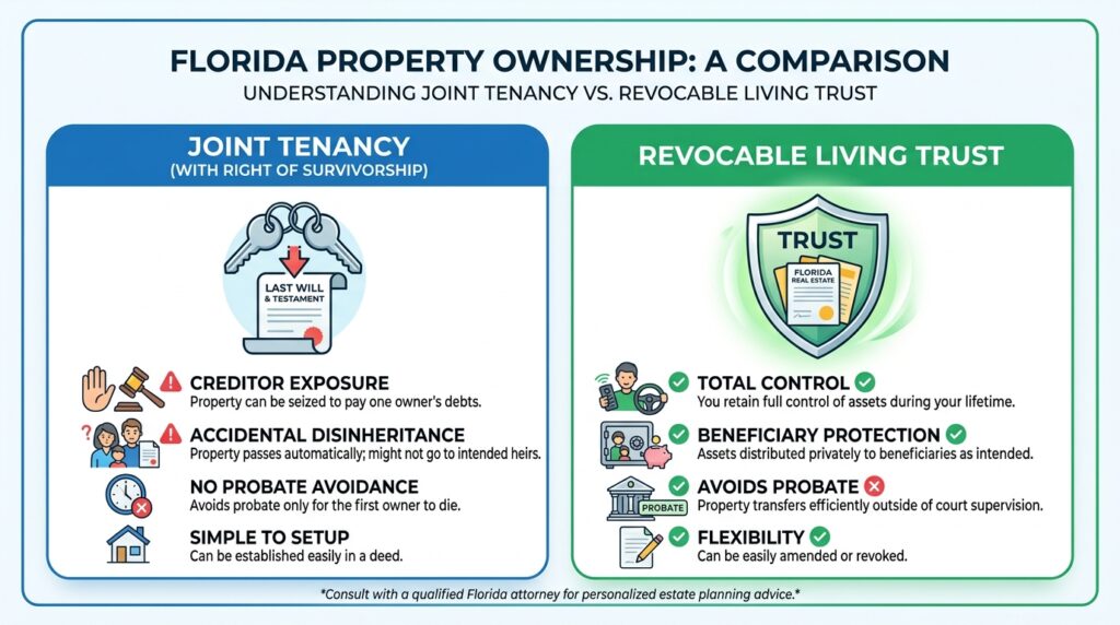 Diagram comparing Joint Tenancy with Right of Survivorship against a Revocable Living Trust under Florida law.