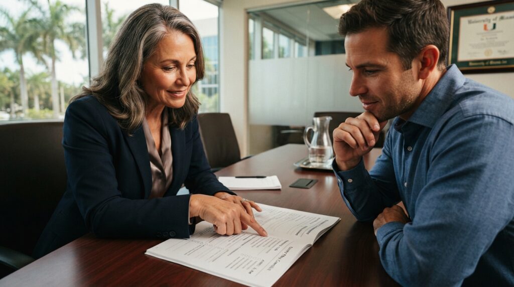 Surviving spouse reviewing financial and estate planning documents with professional guidance in Broward County.