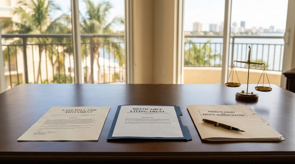 A South Florida estate planning attorney desk displaying three organized files for a last will, revocable living trust, and probate court administration folder.