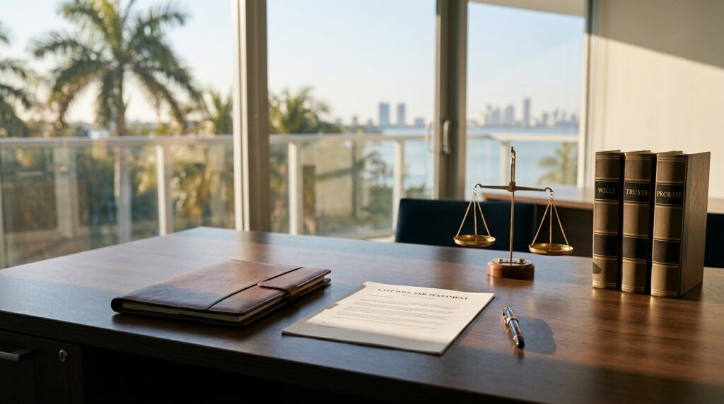 A South Florida estate planning attorney desk displaying three organized files for a last will, revocable living trust, and probate court administration folder.