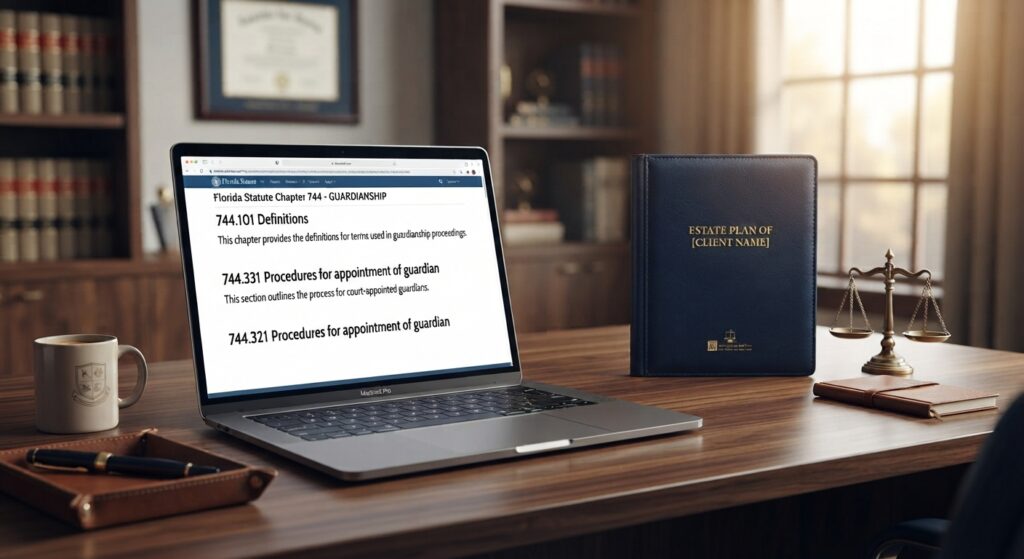 Legal desk view displaying Florida statutory codes and guardianship documents for minor asset management.