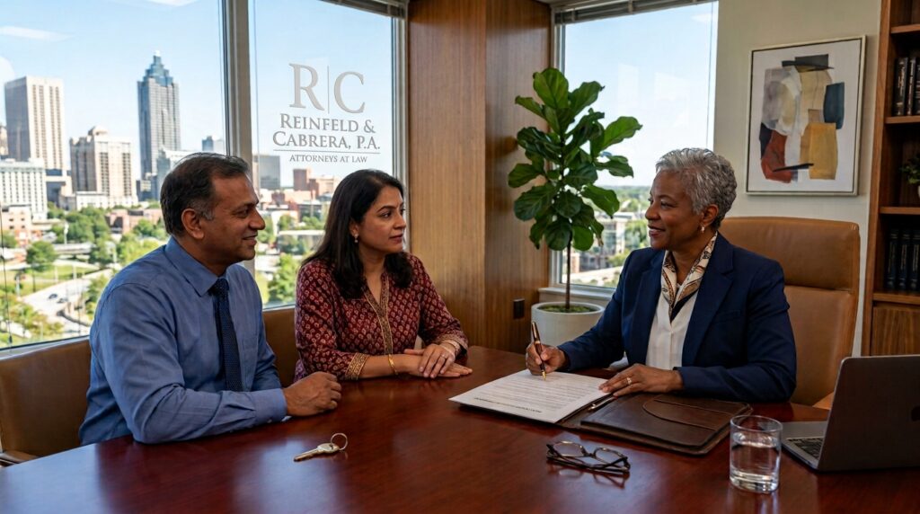 Abogados de Reinfeld & Cabrera P.A. firmando contrato de bienes raíces comerciales en oficina de gran altura con vista a la ciudad.
