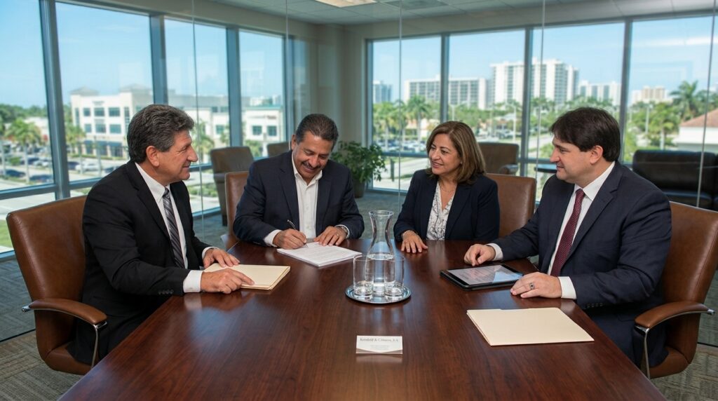 Attorneys Alan Reinfeld and Stuart Cabrera facilitating a property closing with a couple in a South Florida office with city views.