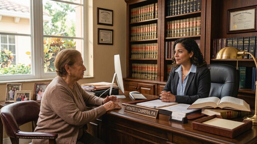 Abogada de Reinfeld Cabrera P.A. en despacho legal de Coral Springs con libros de leyes de Florida.