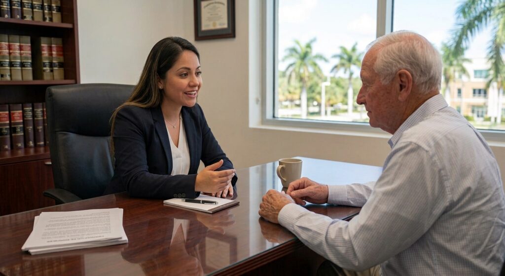 Abogada de Derecho de la Vejez bilingüe de Reinfeld & Cabrera asesora verbalmente a un adulto mayor en Florida.