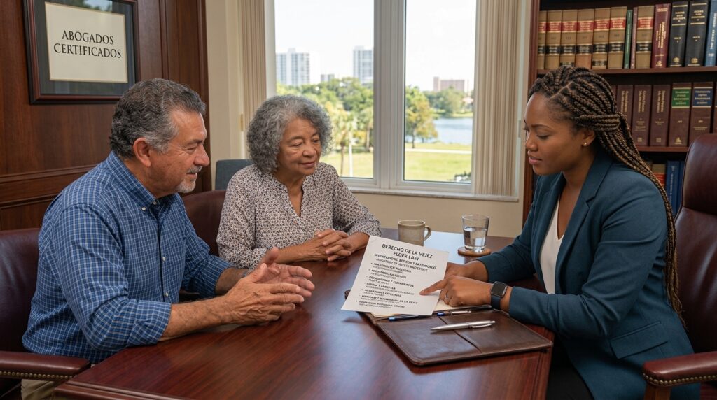Abogada certificada de Reinfeld & Cabrera revisa lista de activos, propiedades e inventario patrimonial con clientes en Florida.