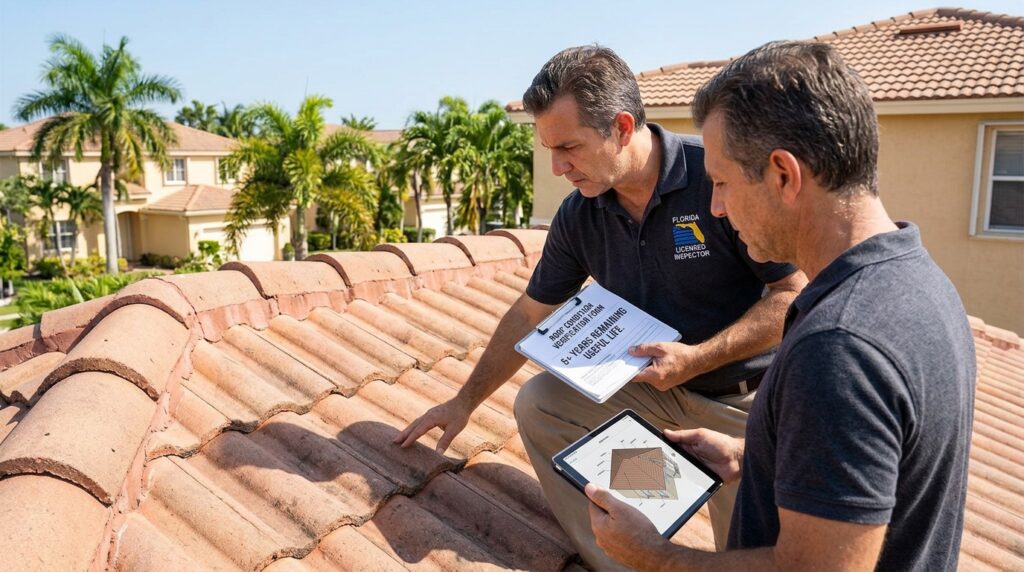 A proactive South Florida homeowner examines a roof with a licensed inspector who holds a 'ROOF CONDITION VERIFICATION FORM' certifying '5+ YEARS REMAINING USEFUL LIFE'