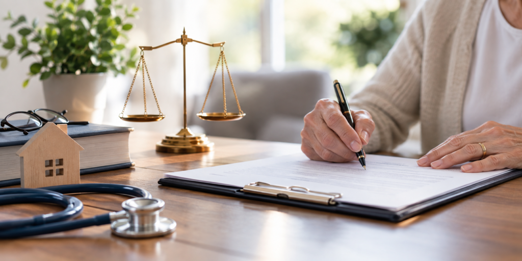 An aging adult signing Florida durable power of attorney and healthcare surrogate legal documents beside a stethoscope and scale of justice.