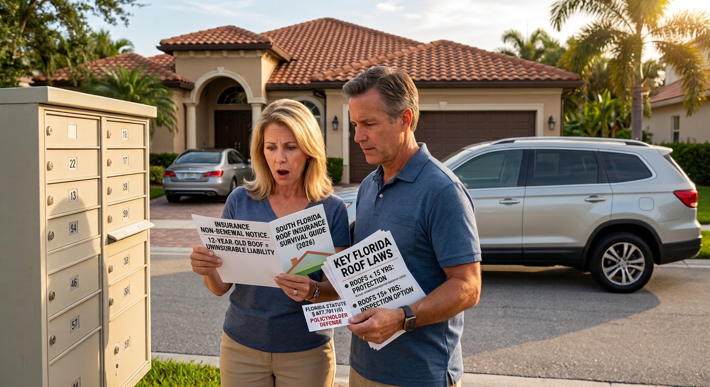 A concerned couple at a South Florida mailbox reads an insurance non-renewal notice stating their 12-year-old roof is an uninsurable liability. They are holding a 2026 survival guide and a summary of new Florida roof laws protection.