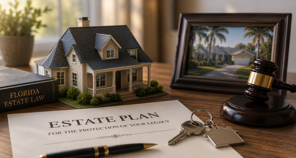 Miniature model house, house keys, and a judge's gavel sitting next to an Estate Plan document and a Florida Estate Law book on a wooden desk.