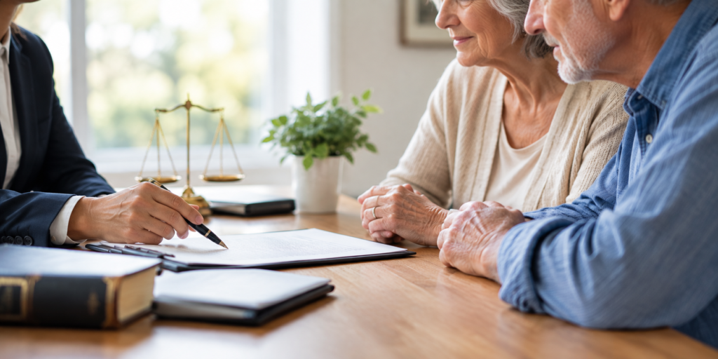 A senior couple consulting with a Florida elder law attorney regarding Medicaid asset protection and long-term care planning options.