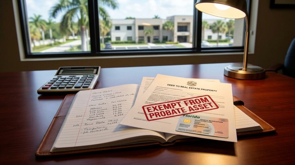 Calculating non-exempt probate assets in Florida: Real estate deed and vehicle documents marked exempt from probate to qualify for summary administration.