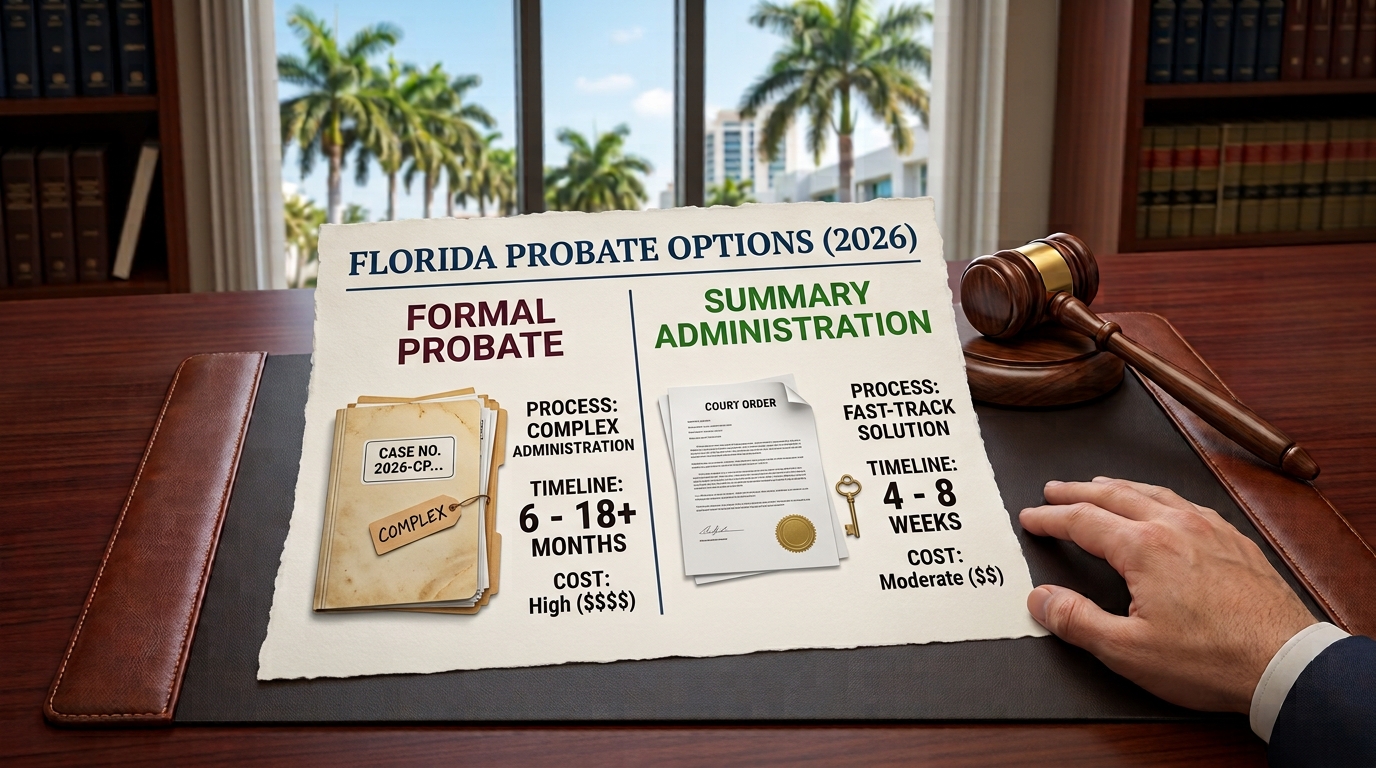 A detailed comparison chart of Formal Probate and Summary Administration on a legal desk with a gavel and hand, detailing process types, timelines (6-18+ months vs. 4-8 weeks), and relative costs for 2026 Florida probate cases.