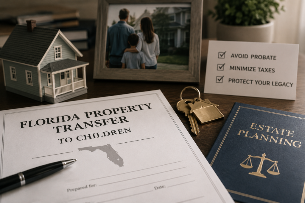 Florida property transfer to children legal documents on a desk with an estate planning book, house keys, miniature home model, and checklist to avoid probate and minimize tax penalties