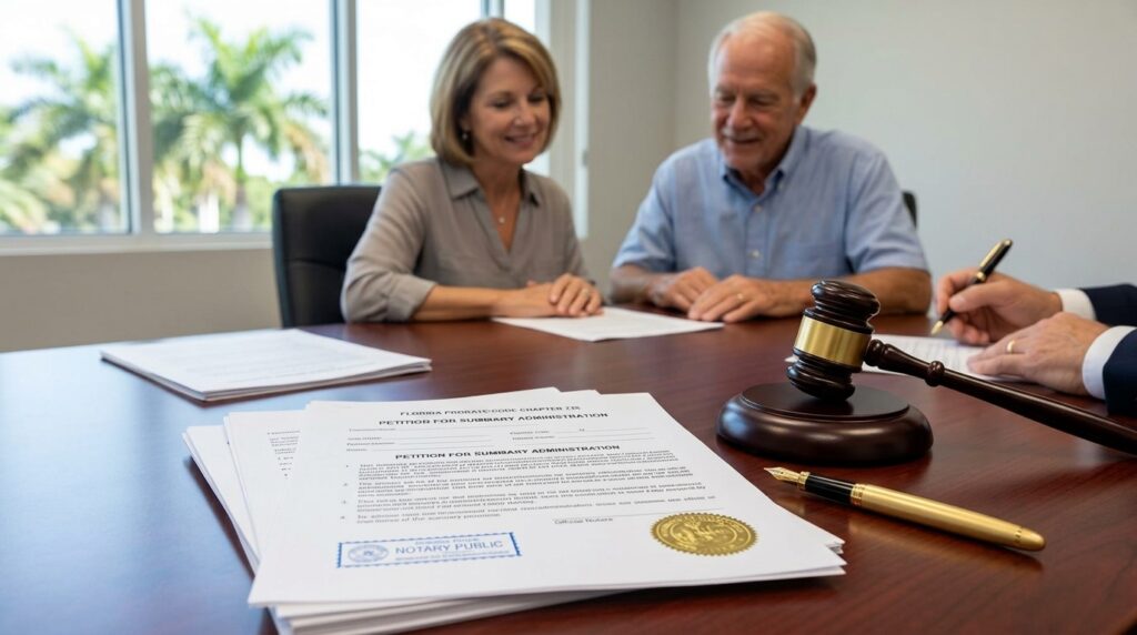 Clients meeting with their Florida summary administration probate lawyer in Coral Springs to finalize court petitions and avoid formal probate.