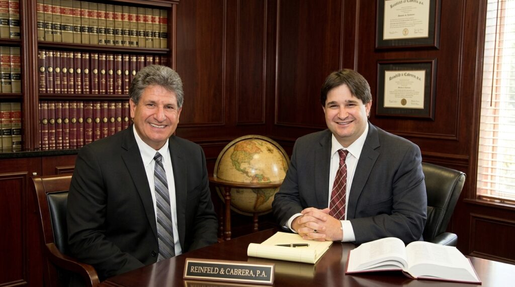Attorneys Alan Reinfeld and Stuart Cabrera smiling in their South Florida law office