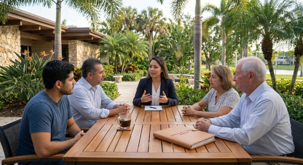 Reunión familiar con abogada de Reinfeld & Cabrera para planificación de Medicaid y tutela de adulto mayor en Florida.