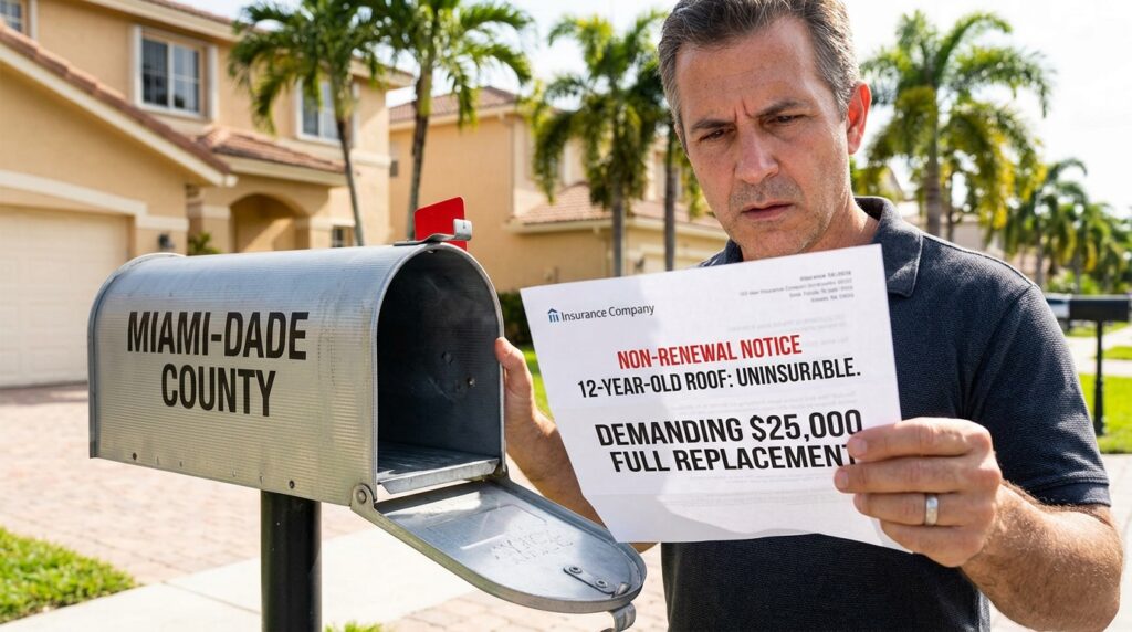 A distressed South Florida homeowner holds up an insurance non-renewal notice demanding $25,000 for a 12-year-old roof.